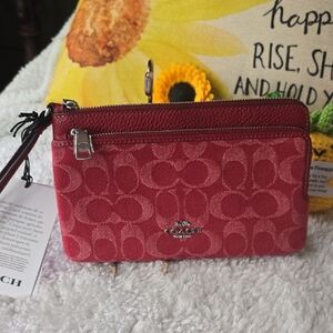 NWT Coach Red  Signature  Double Zip Wristlet